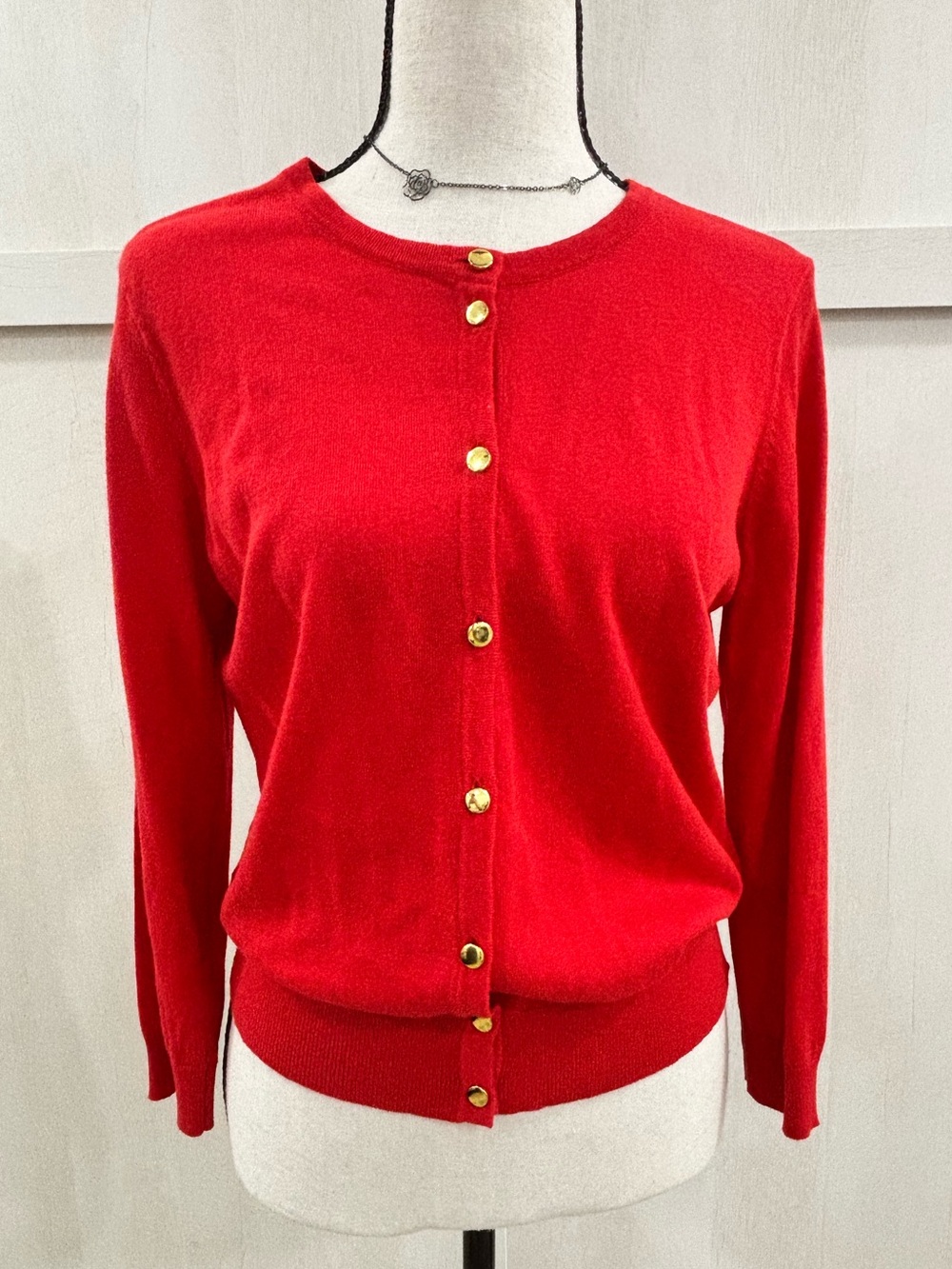 August Silk Cardigan Gold Buttons Red Lightweight Womens Size Medium